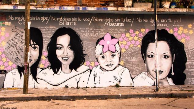 Imagen de un grafitti sobre feminicidio con varias caras femeninas