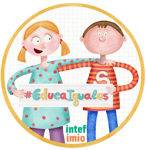 Logo del curso, niña y niño sujetando #educaiguales