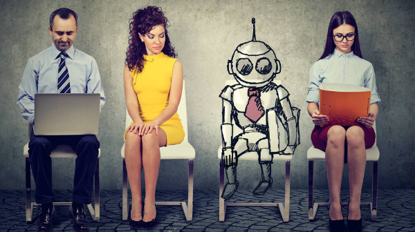 imagen de tres trabajadores y un dibujo de un robot