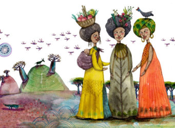 Dibujo de tres mujeres con ropa tradicional africana