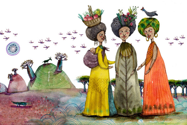 Dibujo de tres mujeres con ropa tradicional africana