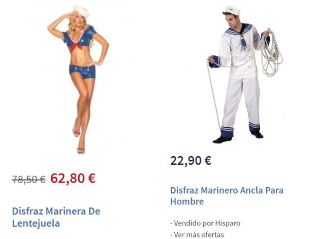 Comparación disfraces femenino y masculino de marinero/a
