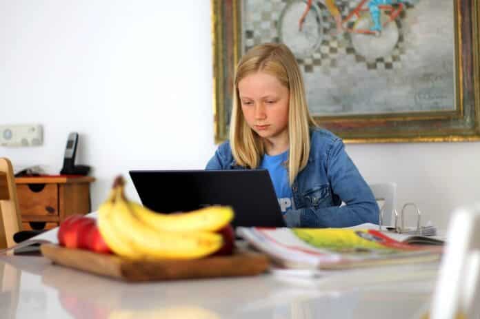 una niña trabaja en una casa con un ordenador