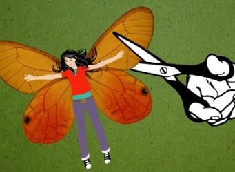 imagen de una tijera que corta las alas a una mariposa-mujer