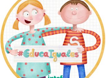 Logo del curso, niña y niño sujetando #educaiguales