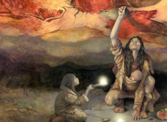 Ilustración que muestra a una mujer pintando en Altamira