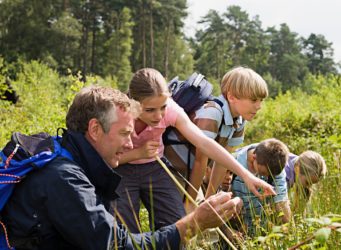 Un adulto y varios niños en un campo